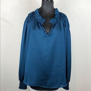 NEW GLAM Blouse Dark Blue Long Sleeves Silky/Satiny Women’s Size Medium